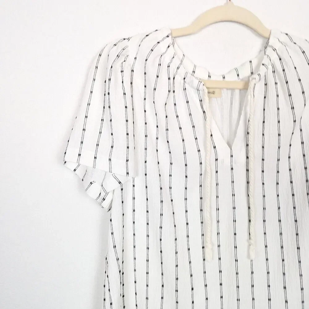 Madewell Bright Ivory Dotted Stripe Tie Neck Lightweight Tunic Top